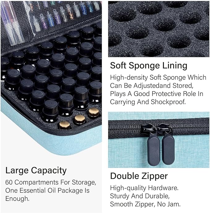 Essential Oils Carrying Case Holds 60 Bottles with Detachable Pad, Sky Blue