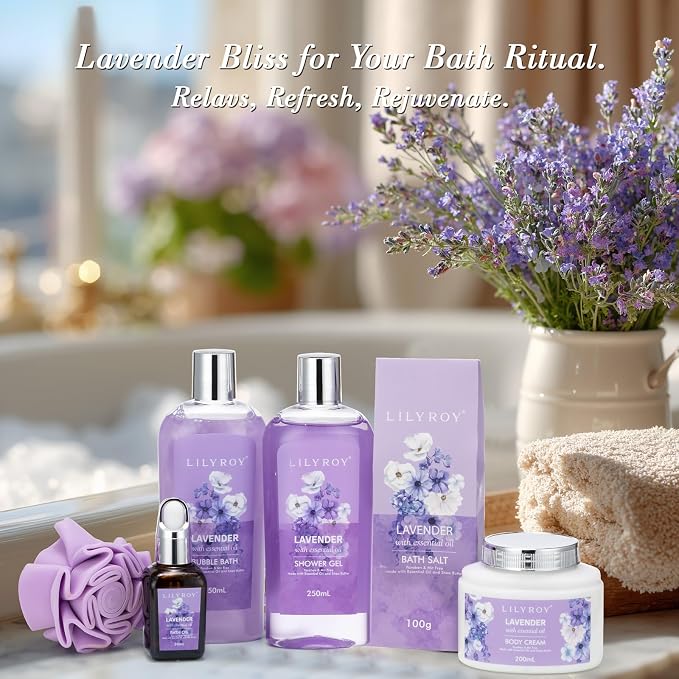 Gifts for Women, Birthday Gift - Lavender Bath and Body Gift Set, Spa Gift Basket for Women | Mothers Day Gifts for Mom, Self Care, Spa Gift for Valentines Day, Christmas Gift, All Occasion