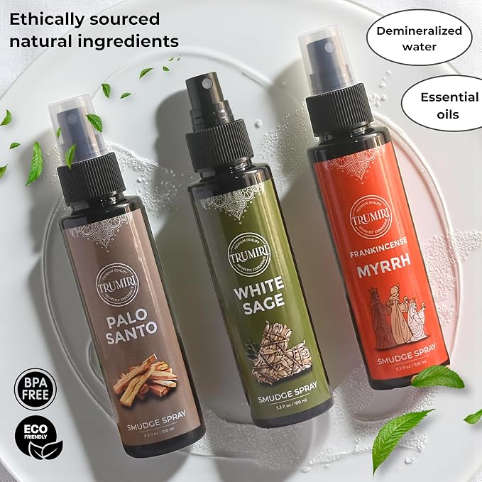 Set of 3 Smudge Sprays White Sage|Palo Santo|Frankincense Myrrh for Spiritual Cleansing of Negative Energy and Protection - Natural Room Sprays and Body Mists Made with Non Toxic Essential Oils