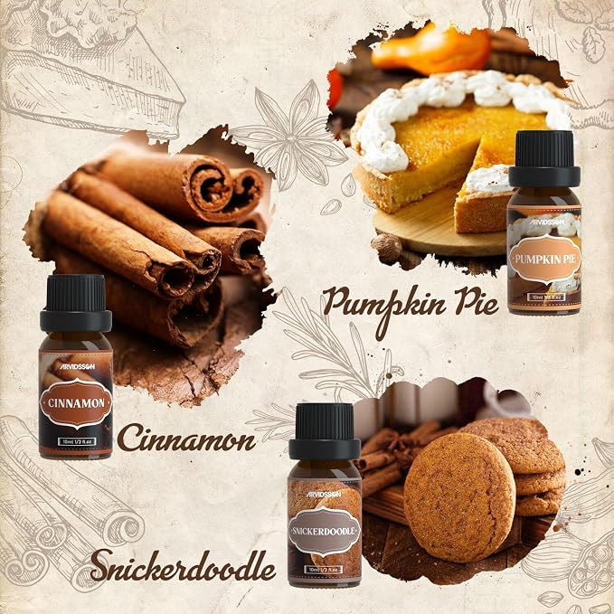 ARVIDSSON Autumn Spice Essential Oils Set, Fall Essential Oil for Diffuser - Cinnamon, Pumpkin Pie, Harvest Spice, Apple Cider, Gingerbread, Snickerdoodle, Cozy Fragrance Oils