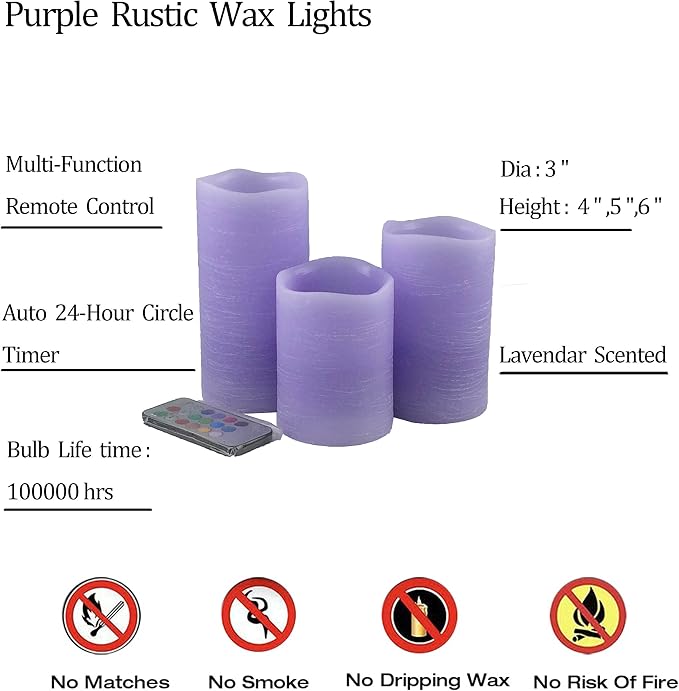 Adoria Purple Flameless Candles Set 3- Real Wax Pillar Candles Battery for Color Changing/Flickering/Night Light/Timer-Lavender Scented -Dia3 xH4/5/6“,Home Decor.Camping,Party