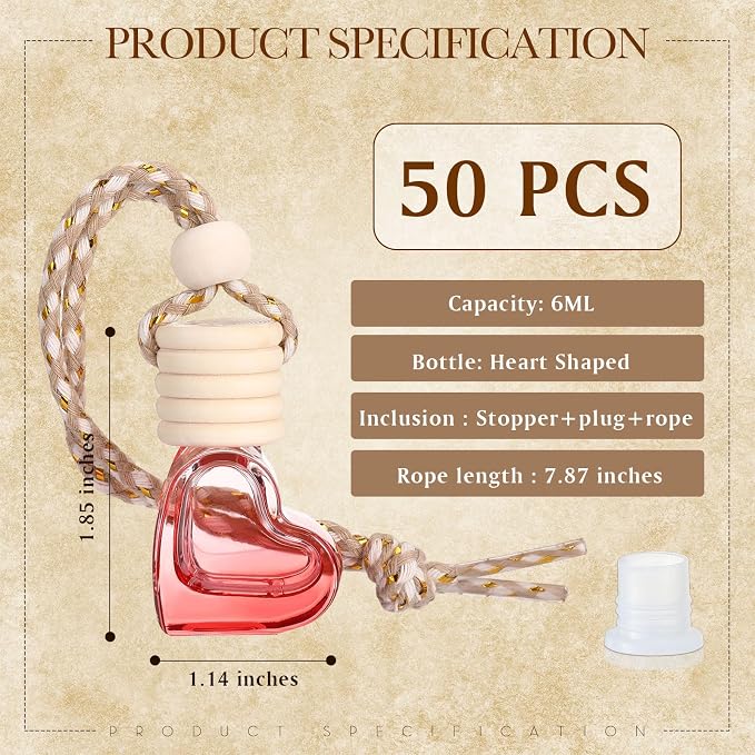 50 Pcs 6ml Hanging Car Diffuser Bottle Empty Glass Perfume Air Freshener Heart Love Container Diffuser Pendant Wedding Essential Oil Fragrance Aromatherapy Ornament (Red)