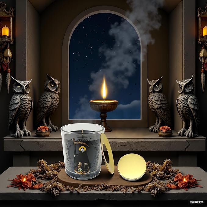 Black Santa Muerte Candle 50 Hours with Warmer Ring│Hand-Poured Soy Wax│Negative Energy Cleansing, Curses Hex Breaking, Protection, Defense, Witchcraft Ritual, Brujeria│Design in Mexico City│3“×3.6”