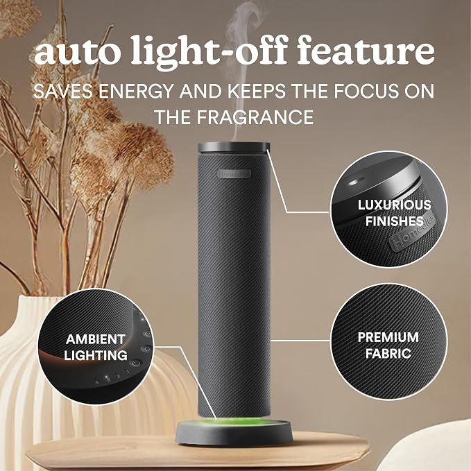 Homedics SereneScent Waterless Essential Oil Diffuser, Cordless Rechargeable Aromatherapy Diffuser for Home, Large Room Scent Machine, Timer, App Control, 6 LED Lights, No Water Needed, Black
