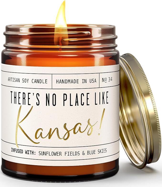 Kansas Gifts, Kansas Decor for Home - 'There's No Place Like Kansas Candle, w/Sunflower Fields & Fresh Air I Kansas Souvenirs I Kansas State Gifts I 9oz Jar, 50Hr Burn, USA Made
