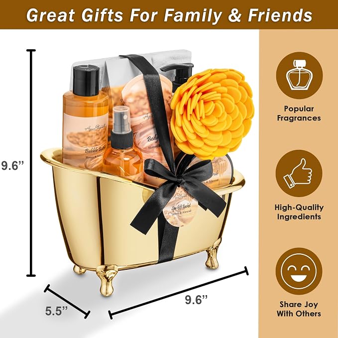 Aqua Elegante Spa Gift Basket - Luxury Bath Set with Body Wash, Bubble Bath, Lotion, Salts, Scrub, Spray, Shower Puff, Towel, Gifts for Women, Mom, Wife, Her - Honey & Almond