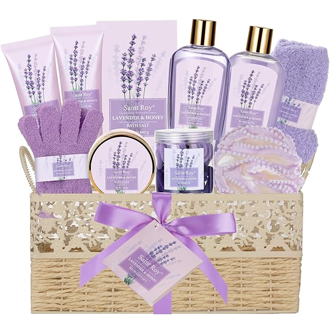 Lavender Bath and Body Gift Basket, Face Skin Care Set, Spa Kit, Self-Care | Bath Gift Baskets, Spa Gifts for Women, Spa Kit, Spa Gifts for Women Bath and Body Lavender Honey Gift Set, Mom, Girlfriend