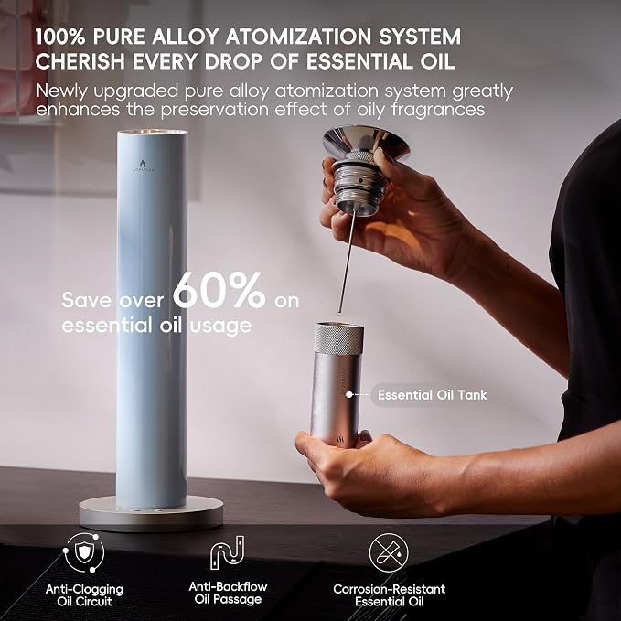 Wireless Rechargeable Hotel Scent Diffuser Kit - 1500 Sq Ft Coverage, Alloy Atomization System,App Control,Waterless Oil Diffuser, Including 6×15ml Essential Oils, for Home,Large Room,Spa, Pastel Blue