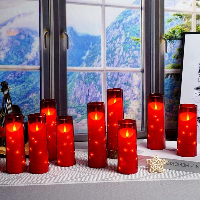 Eebuss Flameless Candles with Embedded Star String, Battery Operated LED Pillar Candles with Timer and Remote Control,Home Decorating for Ambiance， Set of 9 (Red)