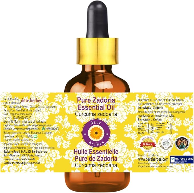 Deve Herbes Pure Zadoria Essential Oil (Curcuma zedoaria) with Glass Dropper Steam Distilled 2ml (0.06 oz)