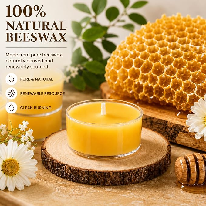 Beeswax Tea Candles 25 Pack, Non Toxic Bees Wax Tealight Candle for Home, 4 Hour Burn Time Natural Tea Light Bulk for Emergency, Organic Yellow Votive Candle for Relaxing, Meditation