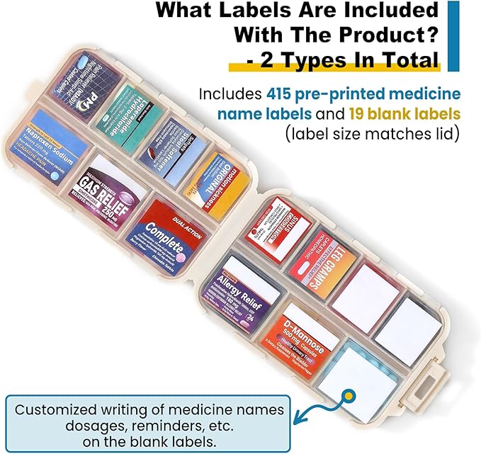 14 Grids Travel Pill Organizer Box with 415-Pcs Medicine Name Labels - Pocket Daily Pharmacy Case Container Kit - Travel Medication Holder Dispenser for Fish Oil Vitamin Supplement Storage - Khaki