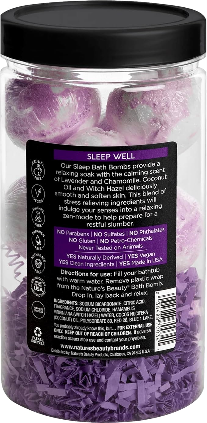 Nature’s Beauty Lavender Chamomile Sleep Bath Bomb Gift Set - Relaxing Spa Soak with Coconut Oil & Witch Hazel - Vanilla Citrus Scent - 2 Pack, 17.5 oz