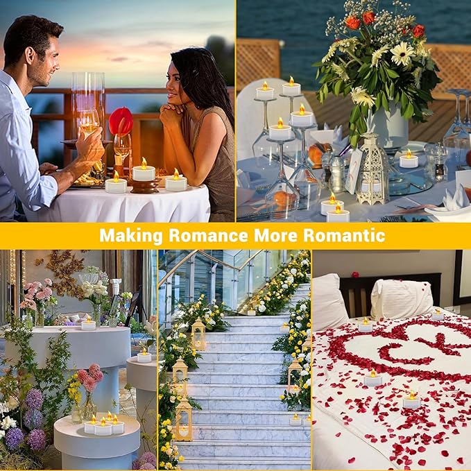 Battery Operated Tea Lights (24 Pack), Realistic Flickering Flameless Candles (200+ Hours), Soft Amber Glow for Home Decor, Dinner Party, Mother's Day Gift & Relaxation (Warm Yellow)