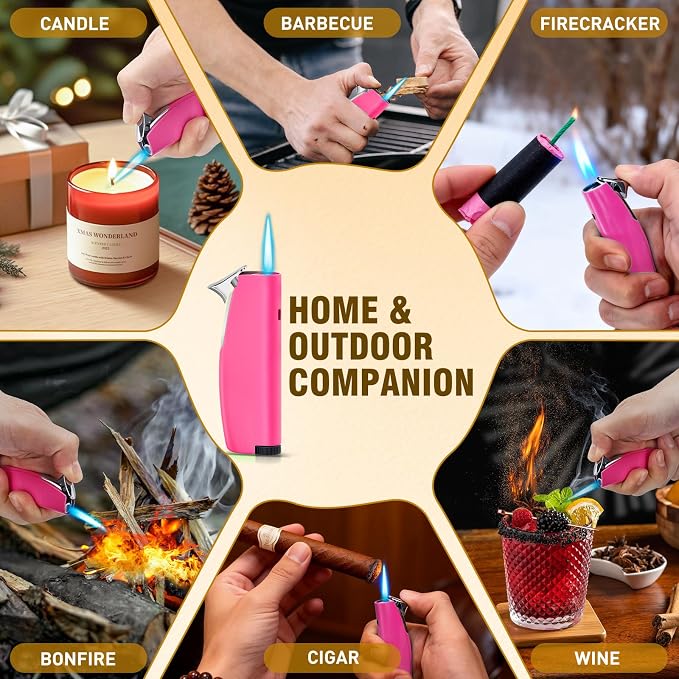 Women's Mini Butane Torch Lighter, Windproof Jet Flame Refillable Adjustable Candle Lighter for BBQ, Camping, Daily Use, Ideal Gift, 2 Pack (Pink, Butane Not Included)