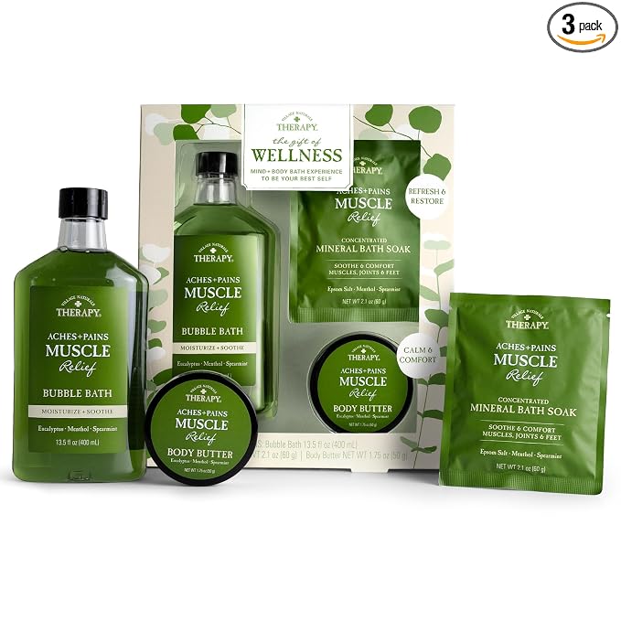 Village Naturals Therapy 3-Piece Relaxing Muscle Wellness Spa Gift Set, Eucalyptus Mint Scent