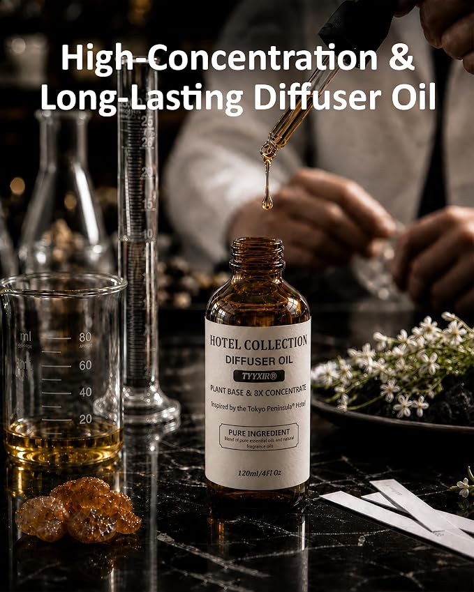 Hotel Diffuser Oil Inspired by Tokyo Peninsula – Fragrance & Essential Oil Blend for Waterless & Cold Air Diffusers – Sansho, Lemon, Sandal – Long-Lasting Aroma – Aromatherapy – 4 Fl Oz Glass Bottle