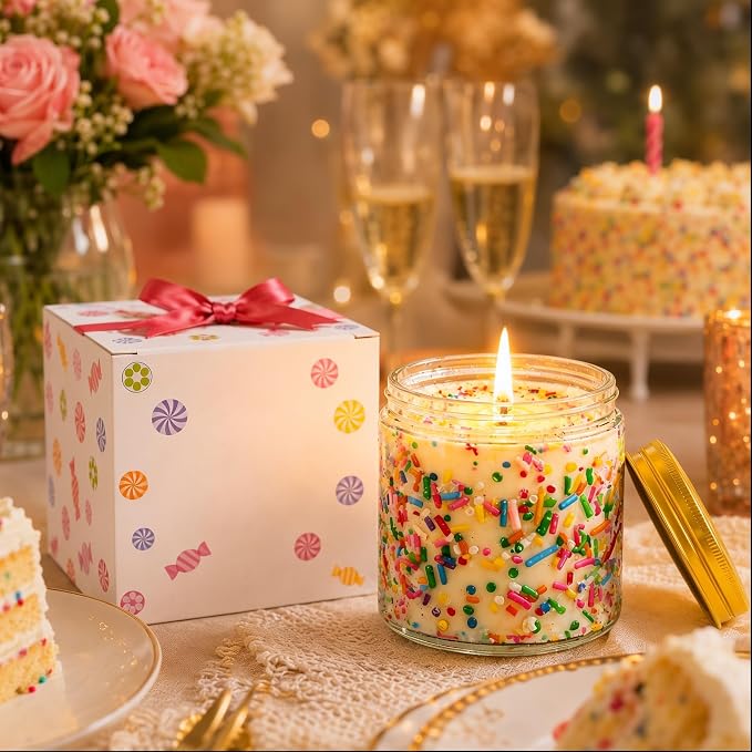 Viyffo Happy Birthday Candle - Caramel & Vanilla Cupcake, 18oz Large Non Toxic Soy Scented Candle, Decorative Colorful Jar Candle, Birthday Gift for Women, Mom & Sisters, Yourself, Friends