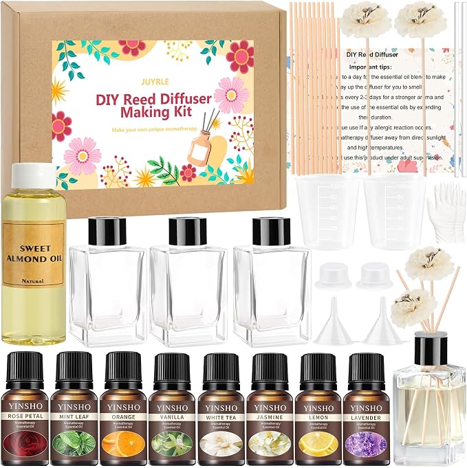JUYRLE Reed Diffuser Making Kit- DIY Flower Reed Diffuser Set for Home with Essential Oil, Sticks, Glass Bottle, Air Fresheners for Home Office Bathroom Shelf Aromatherapy Decor Gifts for Women & Men