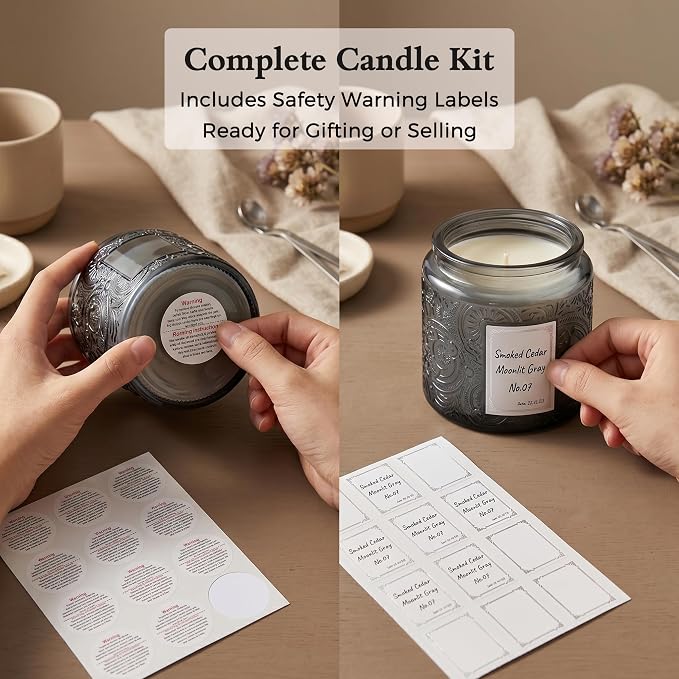 10 oz Gray Sun Moon Stars Candle Jars with Metal Lids, 9 Pack | Patented Embossed Design, Includes Wick Centering Devices & Warning Labels, Multiple Color Options