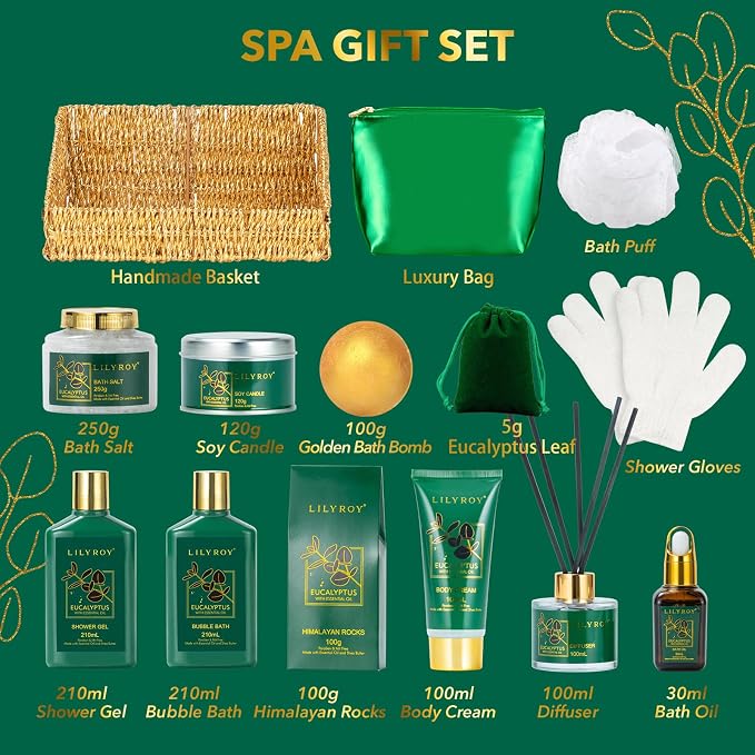Eucalyptus Spa Bath Gift Set, 15Pcs Premium Spa Gift Baskets for Women & Men