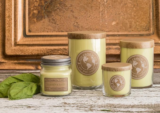 ECO CANDLE CO. Recycled Candle, Verbena Basil, 6 oz. - Scents of Lemons, Verbena, Basil, & Cedar - 100% Soy Wax, No Lead, Kraft Paper Label & Lid, Hand Poured, Made from Midwest Grown Soybeans