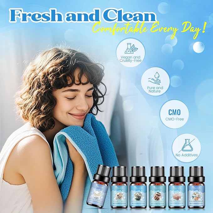 Clean Essential Ois for Laundry, Fragrance Oil for Diffuser for Home,Candle & Soap Making, Fresh Linen, Fresh Cotton, Laundromat, Blossom Soap,Pure White Comfort, Fluffy Towels, Strong Scented Oils