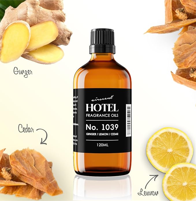 Hotel Diffuser Oil No. 1039 Inspired By The Nobu Hotel - Ginger Lemon Cedar - Premium Fragrance Oil for Ultrasonic and Waterless Diffusers and Crafting - 120 mL, 4 fl oz Glass Dropper Bottle