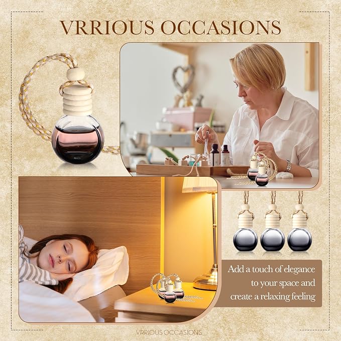 BBTO 50 Pcs Hanging Car Air Freshener Black Car Diffuser Bottles Empty Glass Perfume Bottle Freshener Diffuser Bottles Pendant for Essential Oil Fragrance Aromatherapy Ornament(Round)