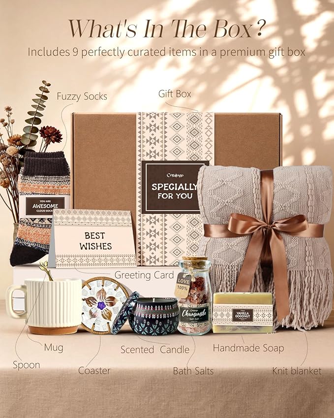 Boho Spa Gift Basket for Women - Unique Bohemian Basket with Soft Blanket, Warm Socks, Blank Card, Boho Gifts for Women, Birthday, Get Well, Self Care, Thinking of You