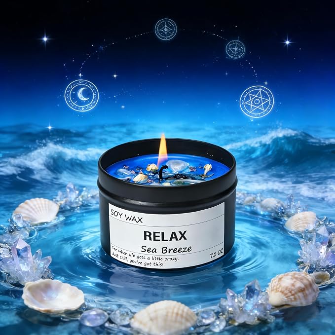 Sea Breeze Crystal Candle, Relaxing Aromatherapy for Stress Relief, Calm Moments | Just Chill Scented Candle for Home, Self Care, Gift for Her/Him