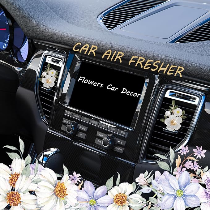 ORIESSE Flower Car Accessories,2pcs White Daisy Bouquet Air Freshener Vent Clips,Car Interior DashBoard Decorations Aesthetics for Women,Refillable Aroma Diffuser