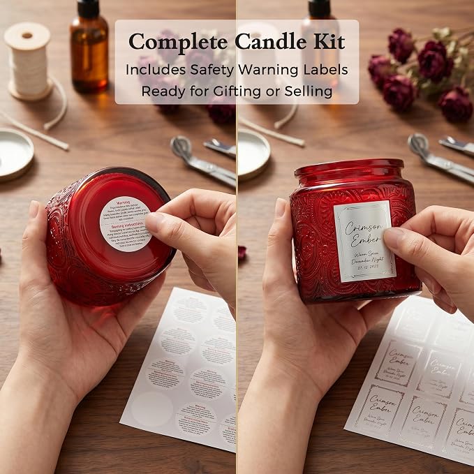 10 oz Red Sun Moon Stars Candle Jars with Metal Lids, 9 Pack | Patented Embossed Design, Includes Wick Centering Devices & Warning Labels, Multiple Color Options