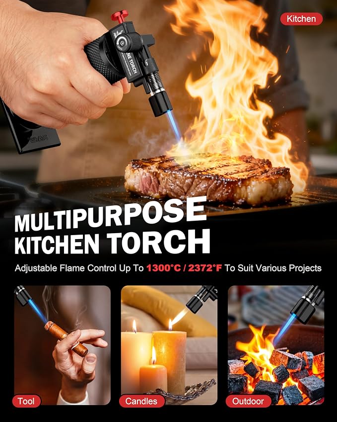RAVS Butane Torch Lighter, DUAL Flame Mode Kitchen Torch with Adjustable Flame, Refillable Creme Brulee Torch for Baking, Cooking, Metal Body Soldering Torch, Black/Red, Butane Gas Not Included