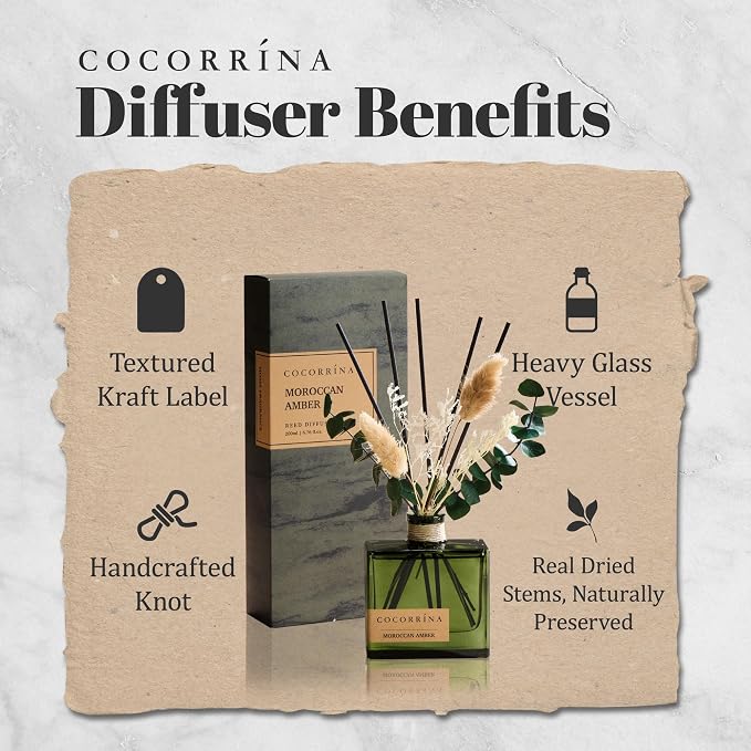 COCORRÍNA Reed Diffuser, 6.76 oz Moroccan Amber Scent Reed Diffuser with 6 Sticks & Dried Flowers, Long Lasting Elegant Fragrance Home Décor for Bathroom Bedroom Office