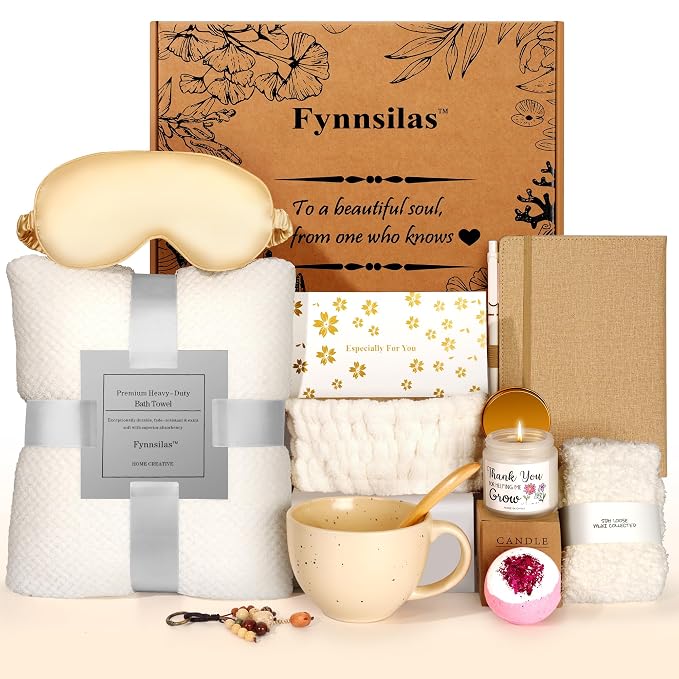 Stress Relief Spa Gift Box for Women – 12pc Self Care Set w/ Oud Wood Candle, Blanket, Bath Bombs, Eye Mask, Fuzzy Socks | Birthday Get Well Thinking of You Gift
