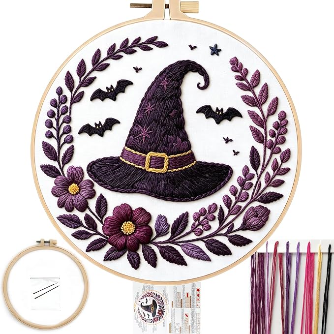 FONNUY Halloween Embroidery Kits for Beginners,Skull Pumpkin Spider Web Floral Stamped Cross Stitch Kit for Adults, Spooky Season Boho Wall Decor, 8'' Hoop (Witch Hat)