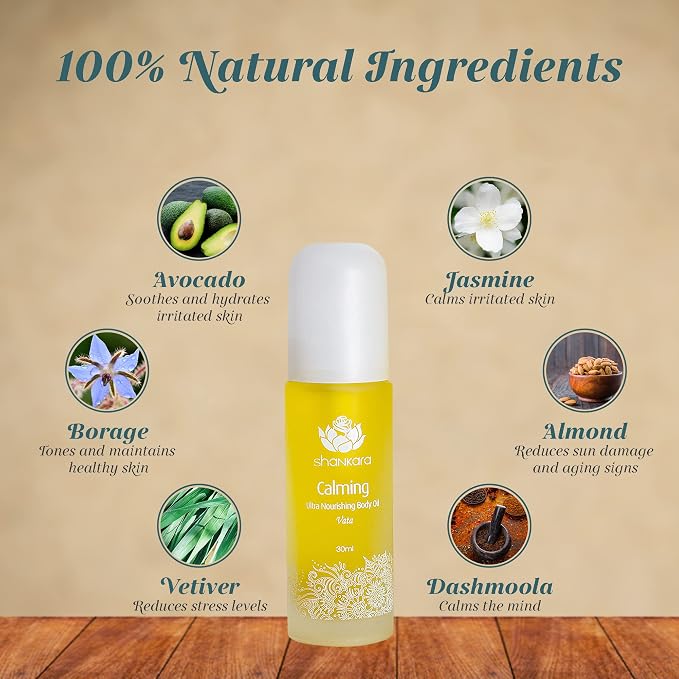 Shankara Calming Body Oil for Women and Men with Avocado, Sesame, Almond, Jasmine, Vetiver, and Borage – Perfect Moisturizing Body Oil for Relaxing Mind and Body. (30ml/1 bottle)