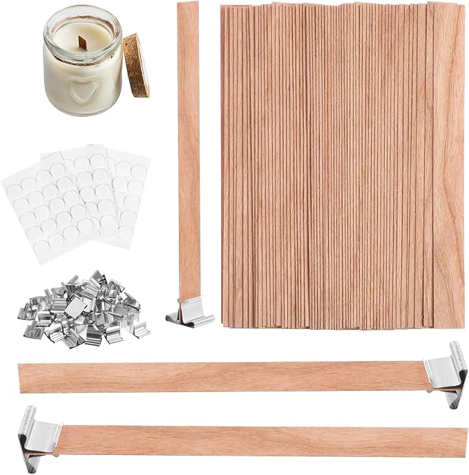 50 Sets Wood Candle Wicks, Thickened Cherry Wood Candle Wicks for Candle Making with Wick Trimmer, Stand & Glue, 5.1 Inches, Long Lasting Flame, Easy to Burn