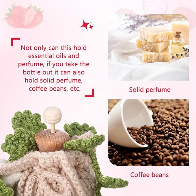 DaisyInner Cute Crochet Plant Car Freshener 12ml Empty Refillable Diffuser Bottle with Plants Hanging Accessories for Ornaments Charms Rearview Mirror Home Office Decor Women Gifts(Strawberry)