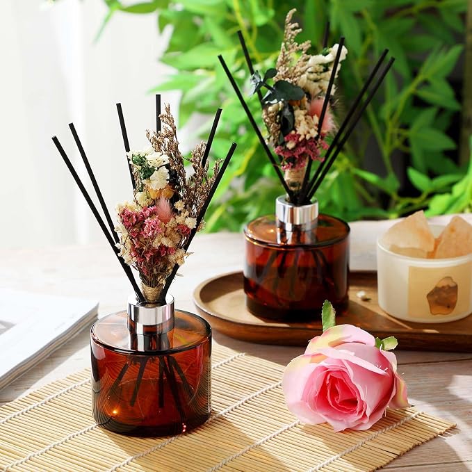 Rtteri 2 Reed Diffuser Sets Flower Oil Diffuser Sticks with Refill Empty 5oz Bottles Scent Glass for Fragrance Home Bathroom Gifts, Oil Not Included(Coffee Color)
