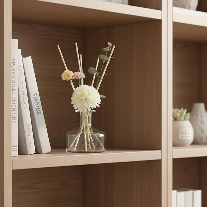 Reed Diffuser Set, Cotton Linen Scent, 8.5oz Glass Bottle with Decorative Flower & Natural Sticks - Flameless Home Fragrance for Bathroom, Bedroom, Office, Gifts