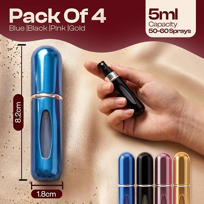 5ml Travel Perfume Bottle Refillable Atomizer Sprayer for Perfume,Leakproof Perfume Atomizer Travel, Portable Refillable Perfume Bottles, (Blue, Black, Pink, Gold)