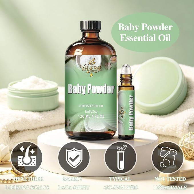 Baby Powder Fragrance Oil, Baby Powder Oil 4 Fl Oz 120ml for Diffuser Yoga Soap & Candle Making – with 0.33 Oz Roller Ball & Dropper YHSESSE Fragrance Oils