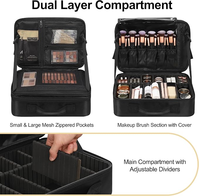 Relavel Travel Makeup Train Case Cosmetic Case Organizer Portable Artist Storage Bag with Adjustable Dividers for Cosmetics Makeup Brushes Toiletry Jewelry Digital Accessories