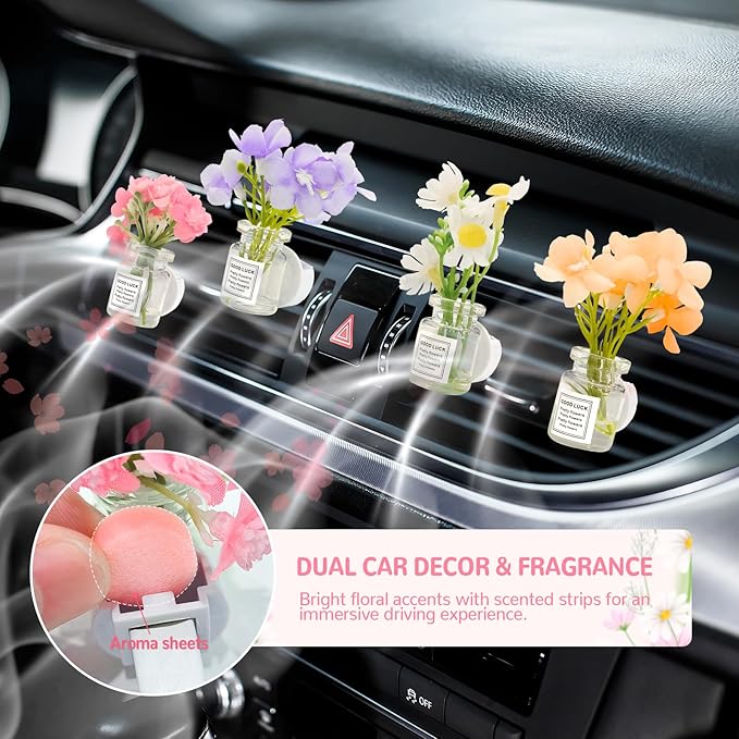 4 Pack Flowers Car Vent Clips, Cute Daisy Plants Vase Air Conditioning Outlet Clip with Fragrance Pads, Charm Scent Perfume Automotive Interior Decorations for Women