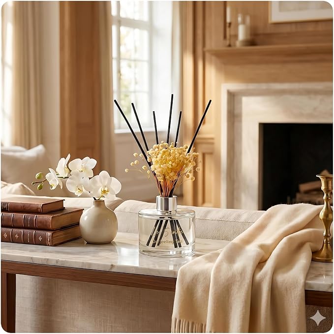 Reed Diffuser Set, 6.7oz Natural Darjeeling Tea Essential Oil Fragrance, Glass Bottle, Black Rattan Sticks, Preserved Flowers, Long Lasting Home & Office Scent