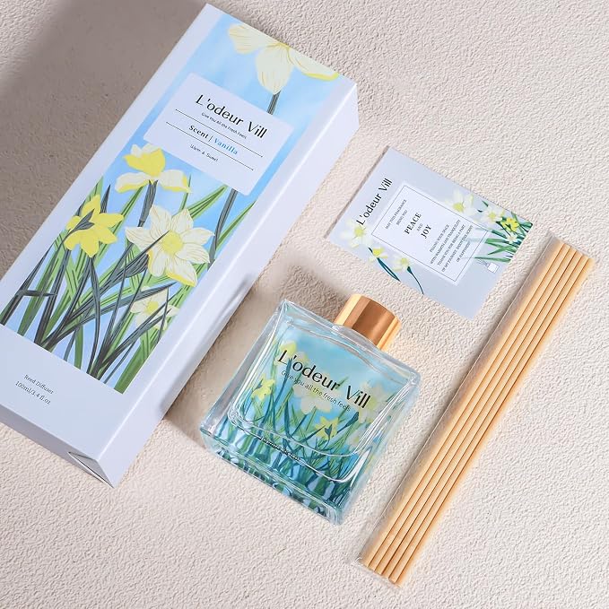 L'odeur Vill Reed Diffuser Set/Vanilla/3.38 fl.oz（100ML）/1 Pack with 6 Reed Sticks/Home Fragrance Diffuser, Oil Scent Diffuser for Bathroom Shelf Decor.