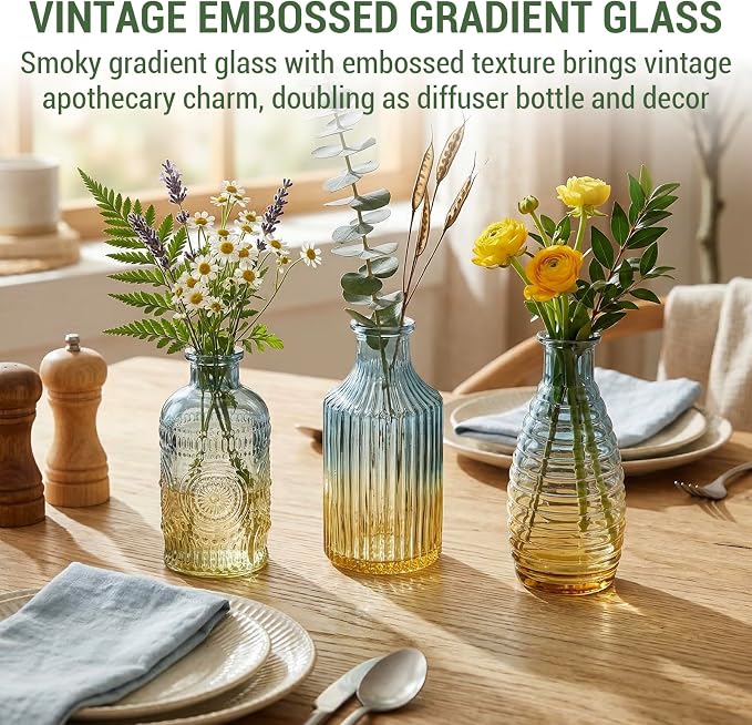 MyGift Small Blue Yellow Gradient Glass Reed Diffuser Bottles, Vintage Embossed Apothecary Style Flower Bud Vases with Cork Lids, Assorted Designs and Sizes, Set of 3
