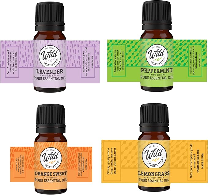 Wild Essentials MOM Aromatherapy Necklace Diffuser Includes 4 Pure Essential Oils, Lavender, Lemongrass, Orange, Peppermint - Stainless Steel Chain/Pendant, 12 Pads, Gift Set